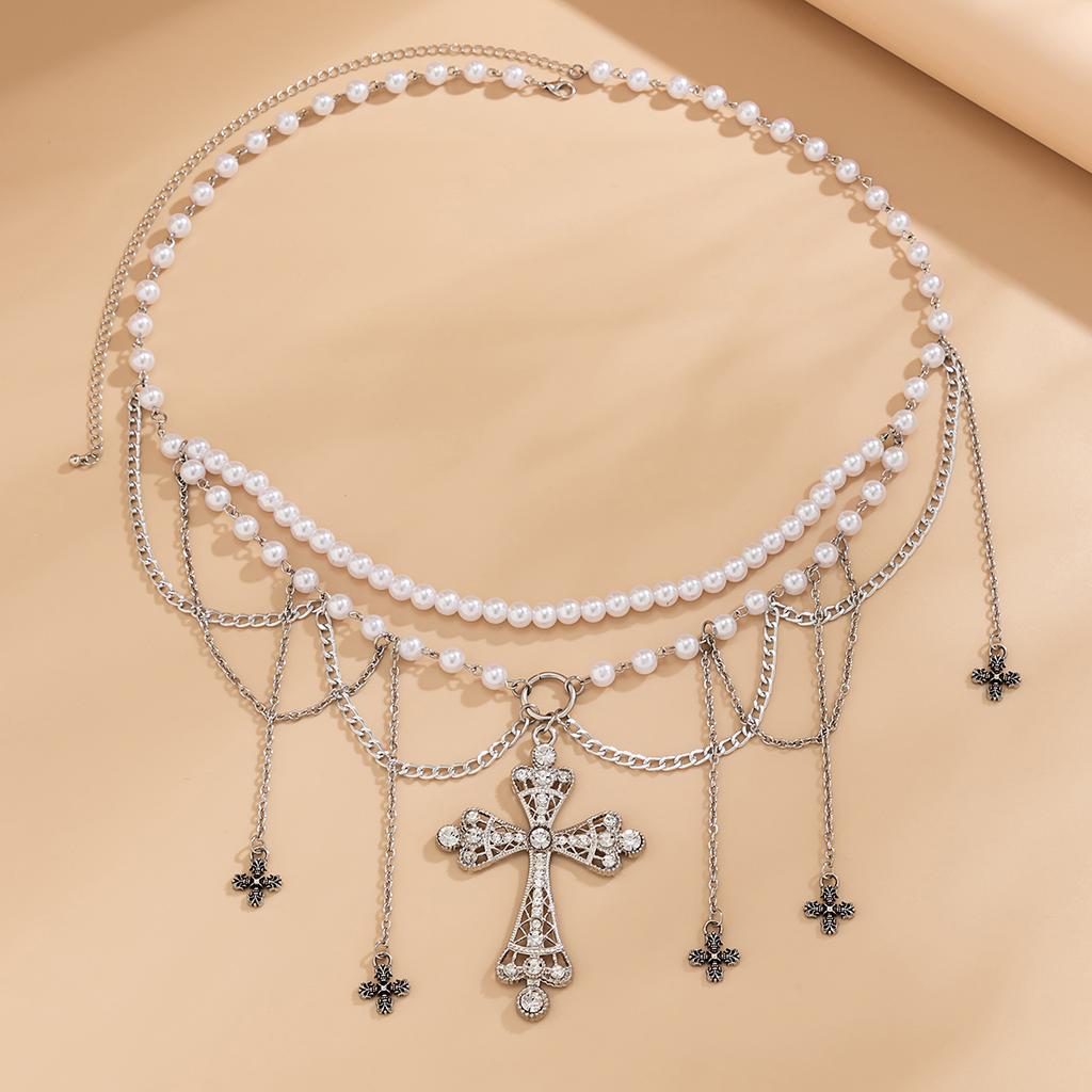 Gothic Imitation Pearl Cross Tassel Belly Waist Chain for Women Beaded Beach Bikini Body Chain Sexy Jewelry Party Accessories