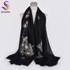 [BYSIFA] New Women 100% Wool Scarves Shawls Embroidered Fall Winter Solid Black White Ladies Long Scarves Hijabs Neck Scarf Wrap
