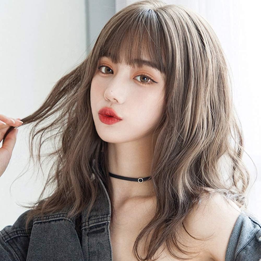 MediKomeka Women's Medium-Length Full Wig, Natural-Looking, Small Face, Cute, Medium Length, Curly Hair, Everyday Wear, Curly/Wavy, with Net (Dark Bro