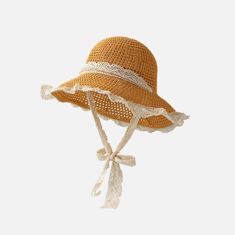 

Women S Wide Brim Lace Straw Hat Beach Hollow-Out Sun Cap For Seaside Vacation A2
