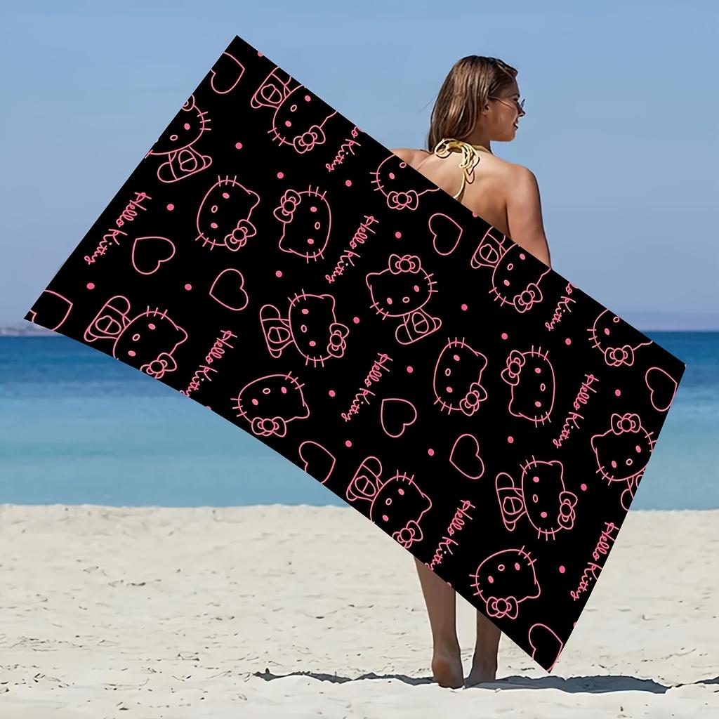 

1pc Sanrio Hello Kitty Beach Towel Polyester - Lightweight Quick Dry Soft Swimming Travel Towel, Black Pink Outline Pattern, Uni W30*H60(CM)