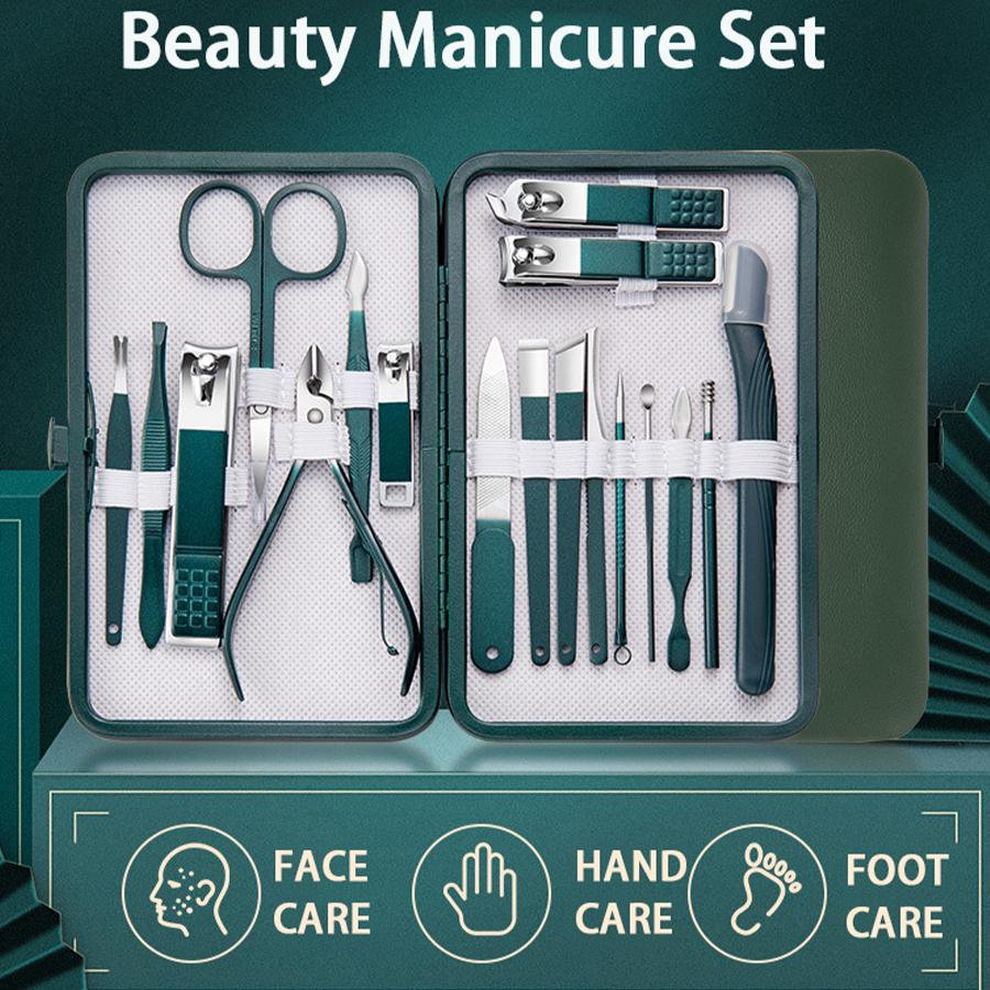 Green Manicure Set With Leather Case Professional Foot And Face Care Tool Kits Stainless Steel Nail Clipper Sets Gift