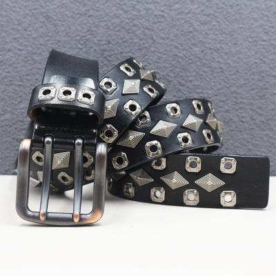 Double Needle Leather Belt with Diamond Studded Rivets and Perforated Cowhide Waistband