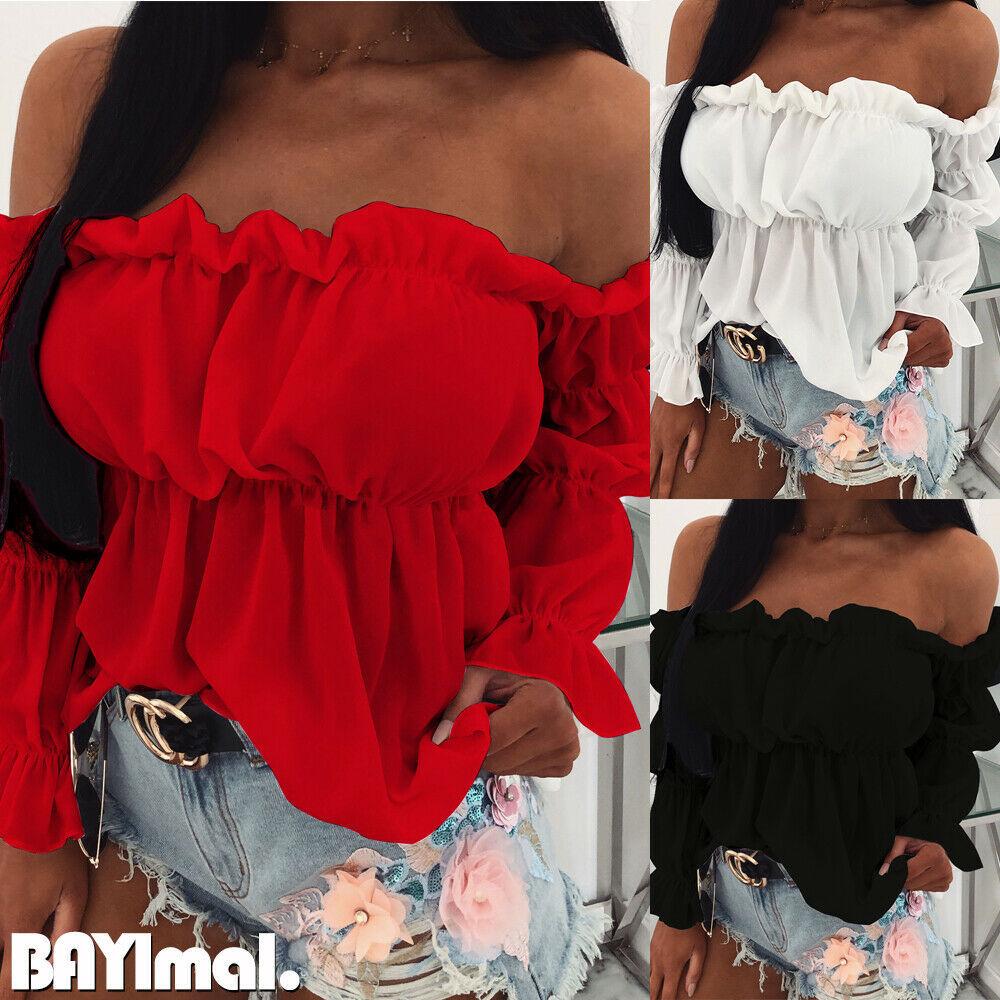 BITCED Women's Summer One Neck Solid Colour Sexy Waist Long Sleeve Peplum Blouse