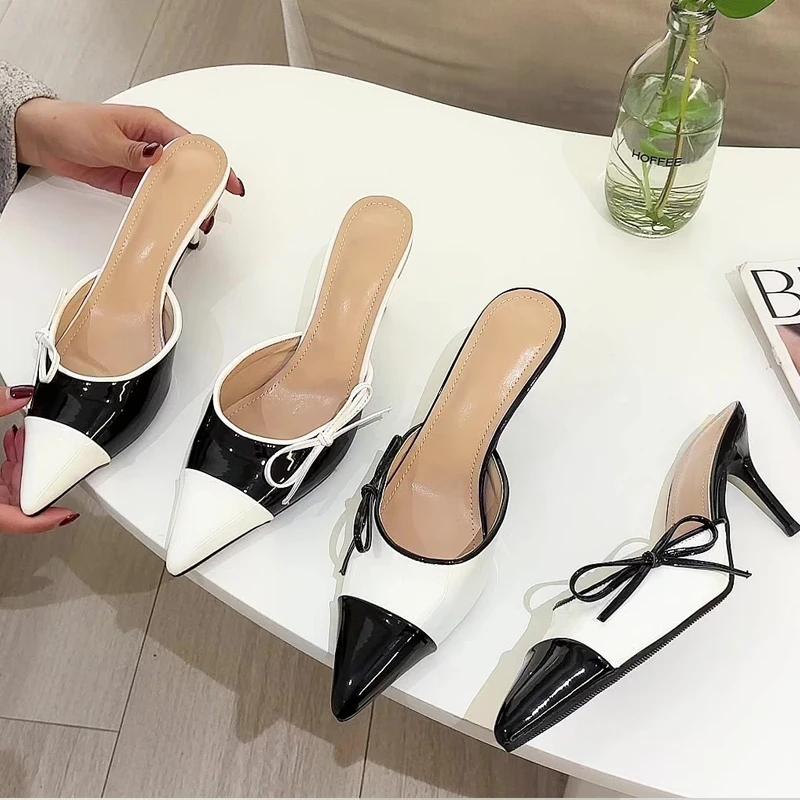 Fashion Eilyken Spring Butterfly-knot Pointed Toe Mule Women Slippers Fashion Elegant Thin Heels Party Dress Ladies Shoes
