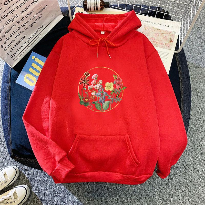 Autumn New Flower Print Sweatshirt for Women Oversize Loose Casual Velvet Hooded Hoodie Top for  Student