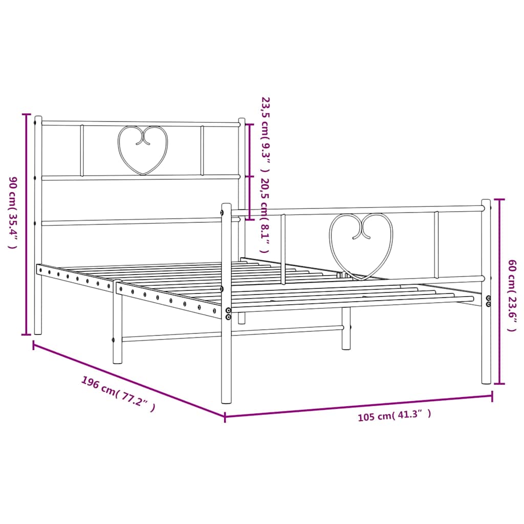 Metal Bed Frame with Headboard and Footboard White 100 x 190 cm