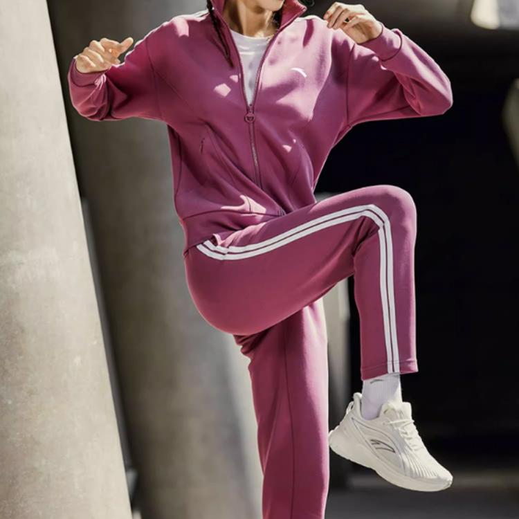 Anta Striped Logo Identification Stand Collar Long Sleeve Jacket And Pants Casual Sports Suit Women Suit Raspberry-Red 962347201-2