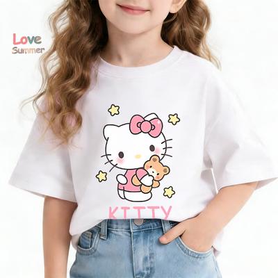 Kätzchen T-Shirt Süßes Cartoon T-Shirt für kleine Mädchen kitty 4-14 Jahre Rundhals Kurzarm Katze Druck Lässiges Sommer Oberteil für Bequemlichkeit