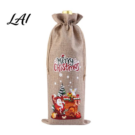 Imitation Linen Wine Pouches Christmas Bottle Bag Vintage Drawstring Sleeve Reusable Faux Holiday Party Packaging Cover Clothes for New Year Wedding