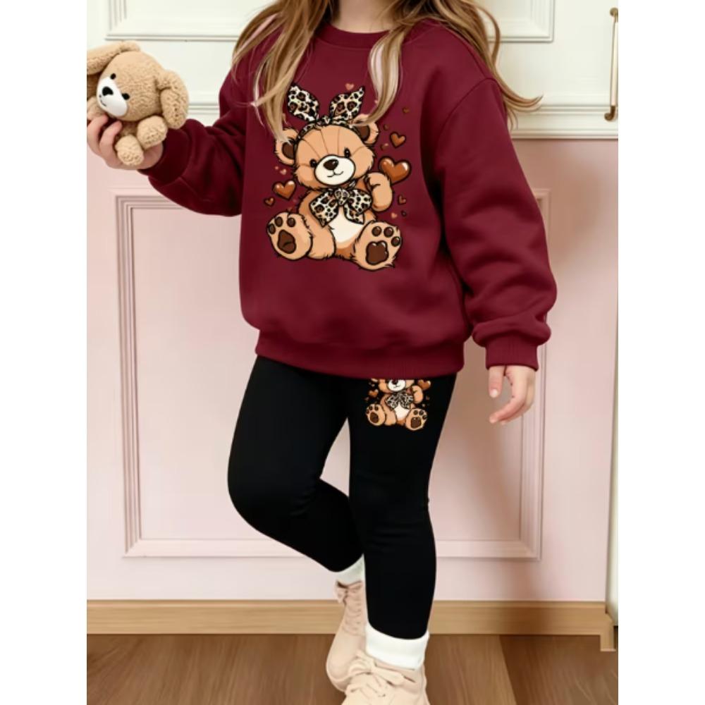 Girls' Leopard Bear Casual Comfortable Soft Loose Pullover Sweatshirt and Leggings 2-Piece Set, New Autumn/Winter, Playful, Sweet and Cool Style
