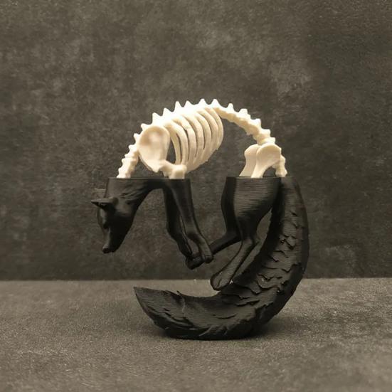 3D Printed Fox Ornament Half Skeleton Half Flesh Curled-up Fox Figurine Artistic Fox Statue Collectible for Table Shelf Decoration