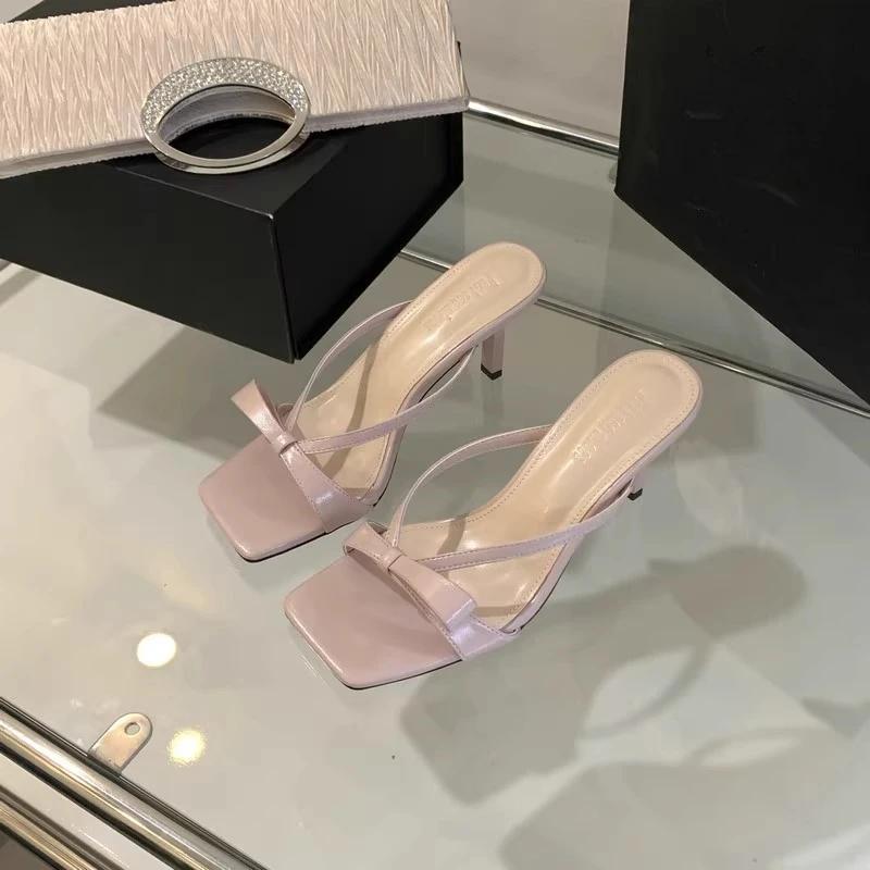 

Весна и лето 2025 Новые туфли-шлепанцы в французском стиле с бантом и квадратным тонким каблуком, элегантные туфли на высоком каблуке для женщин 35 розовый