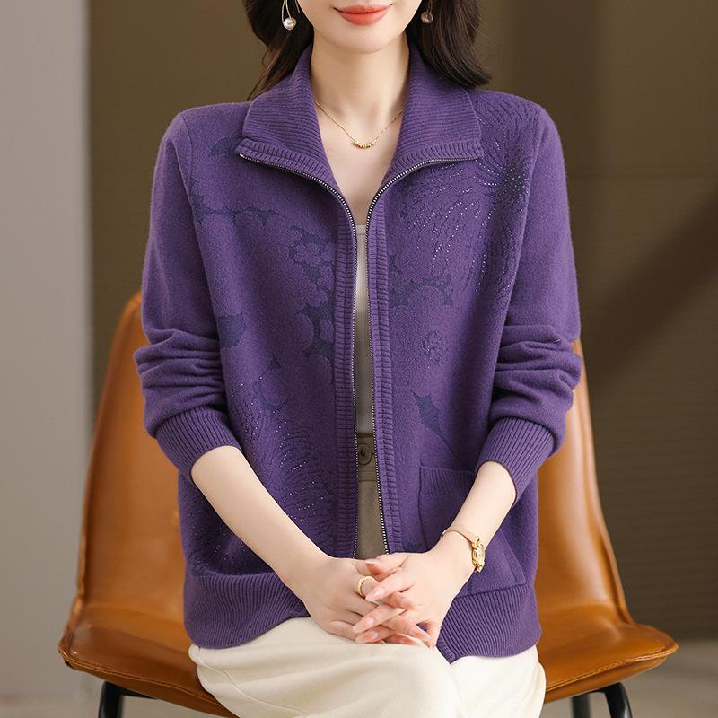 

100% Pure Wool Embroidered Zipper Cardigan for Middle-Aged & Elderly Women – Stylish Spring & Autumn Sweater 4XL [Recommended: 150-165 lbs] фіолетовий