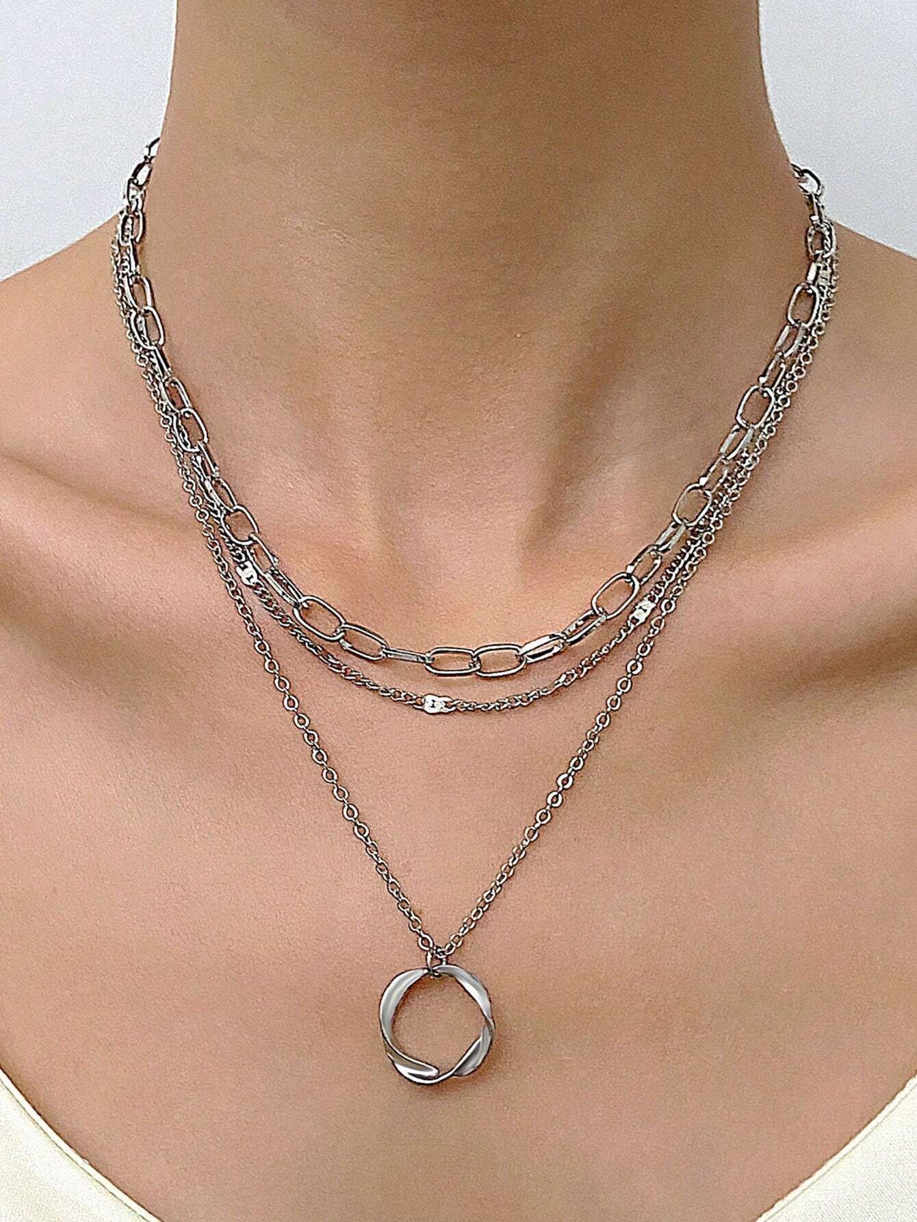 

Gold Layered Necklace Set for Women 3 Layer Paperclip Chain Twisted Circle Pendant Minimalist Jewelry for Daily Wear Gift Giving