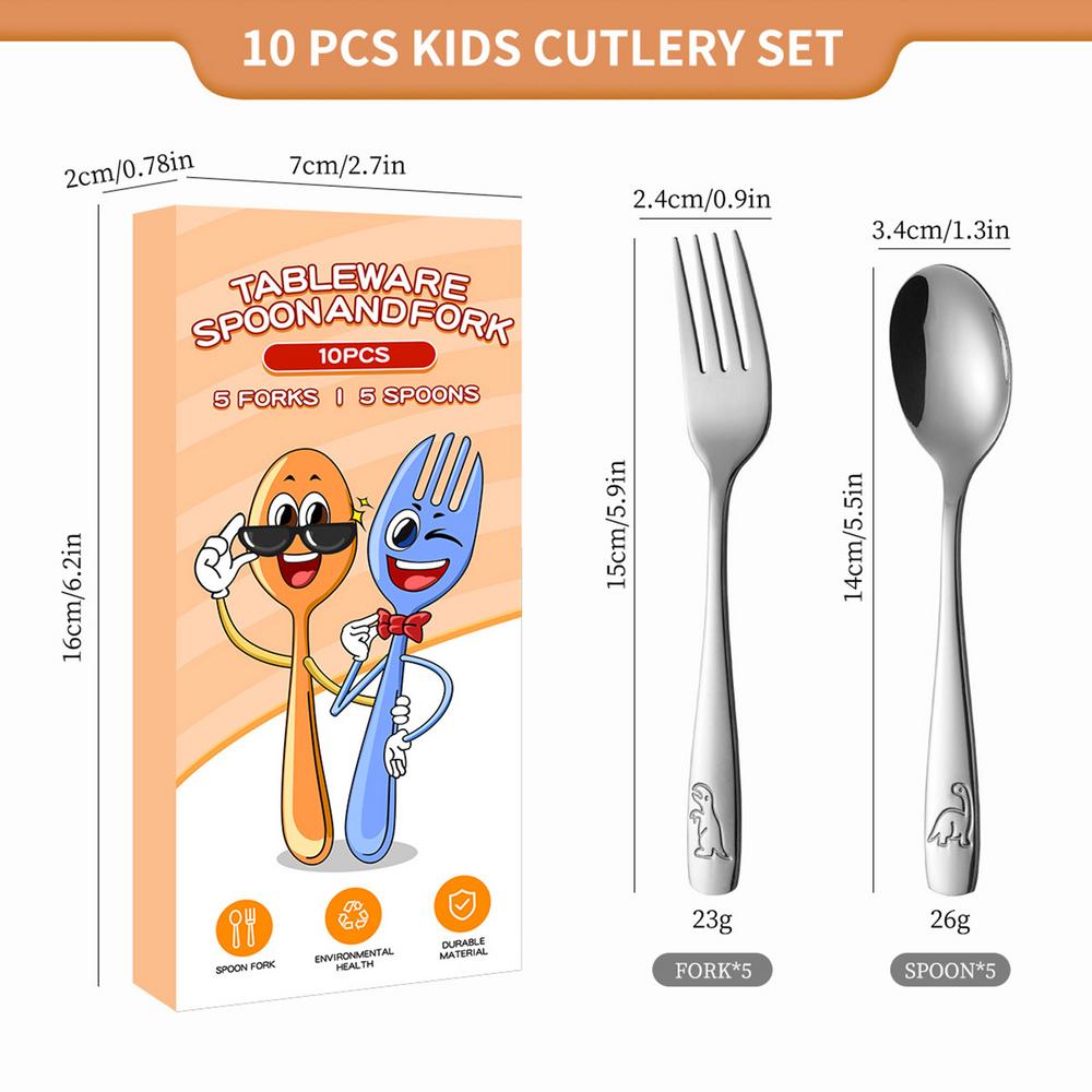 

Набор детских столовых приборов из нержавеющей стали, детские вилки и ложки с гравировкой динозавров, 10 предметов, безопасные, прочные, детские столовые приборы серебряный