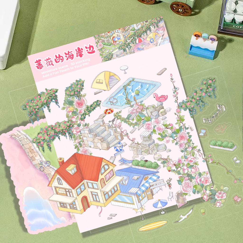 Cartoon Rose Seashore Vacation Landscape Sticker 3D Miniature World Unzip DIY Scene Manual