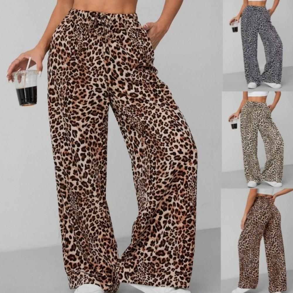 Lace-up Leopard Print Pants Baggy Floor Length Britches Straight Leg Loose Trousers Streetwear