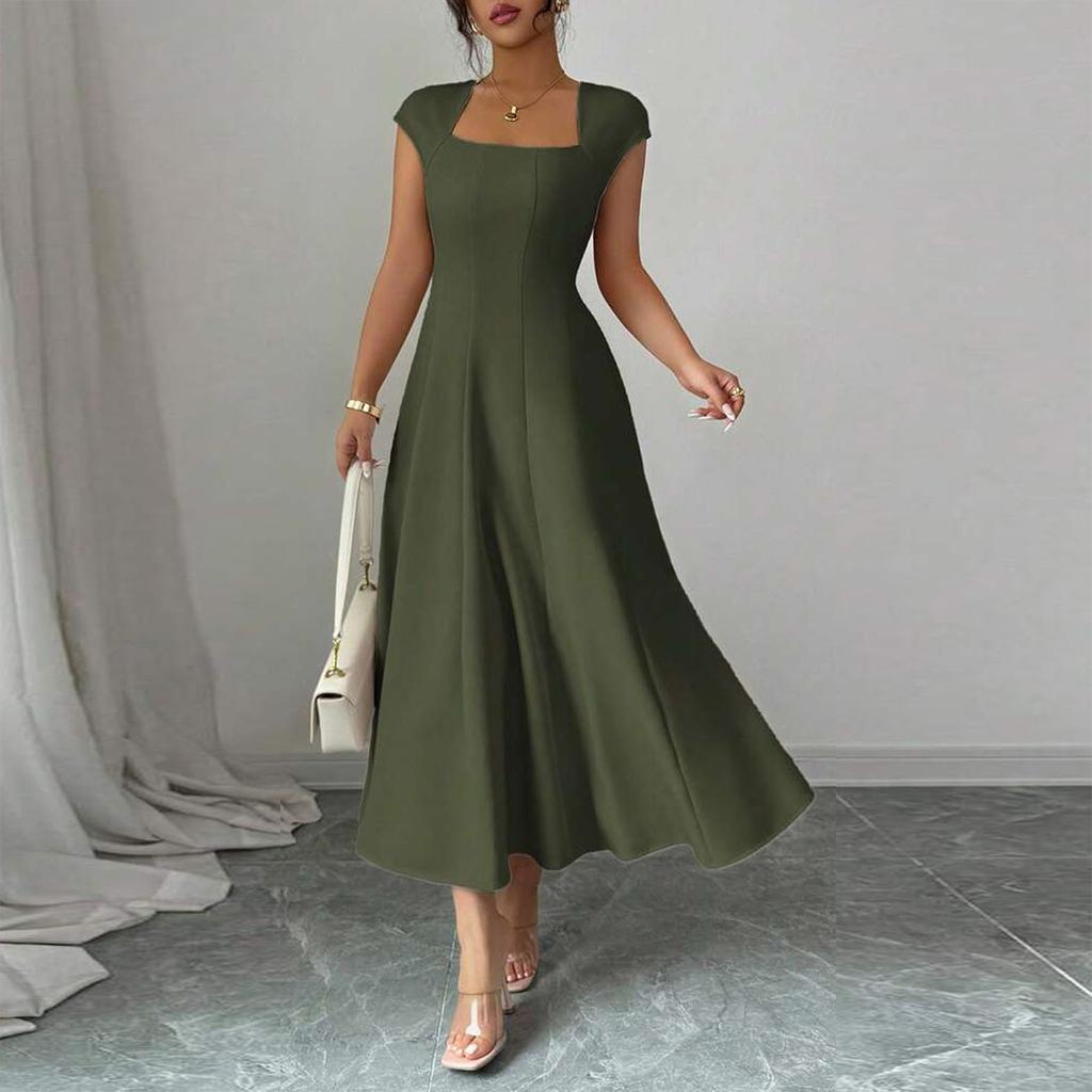 Women's Solid Color Square Neck Slim Fit A-Line Dress Cap Sleeve Midi Length Casual Dress for Daily Wear
