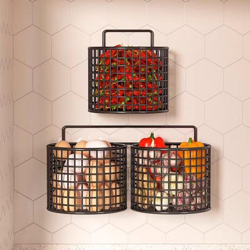 Wall-Mounted Kitchen Storage Basket for Spices, Scallions, Ginger, and Garlic - Punch-hole Design