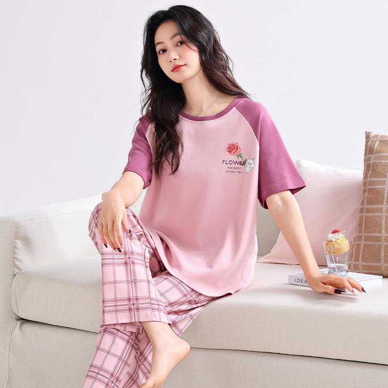 

pure cotton pajamas women s summer short-sleeved trousers loungewear summer women s loungewear new two-piece set m suggest 40-50kg