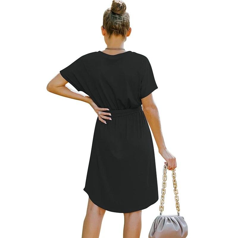 Mini abito da donna a vita alta manica corta abito fluido di base vestibilità ampia scollo a V tinta unita abito da festa con cintura