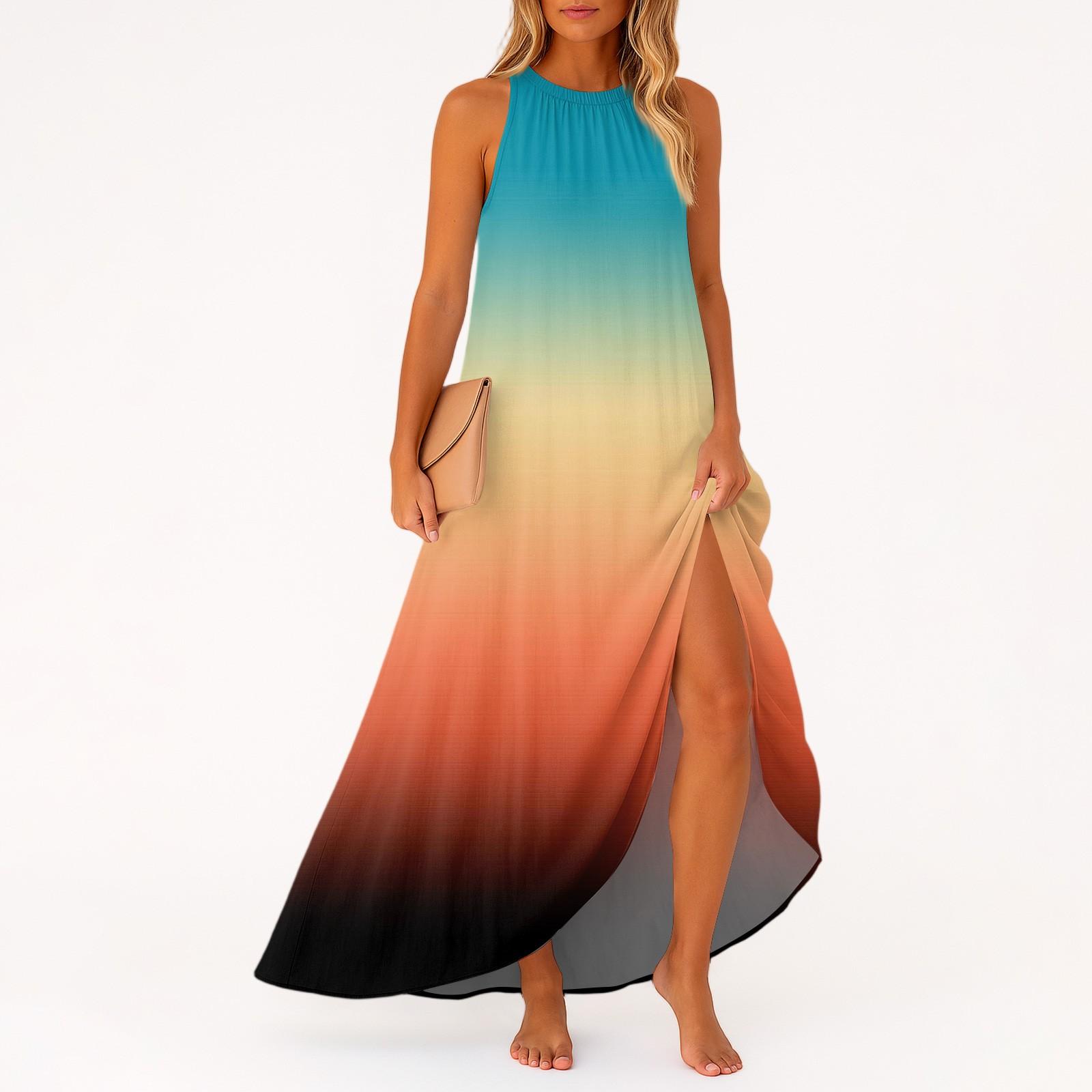 

Женское повседневное и модное платье средней длины без рукавов с круглым вырезом XL оранжевый