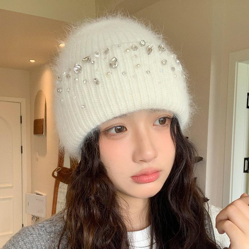 Knitted Hat Women's Winter Thickened Warm Ear Protection Hat Rhinestone Wool Hat Winter Hats for Women, Beanies for Women, Hats for Women Winter