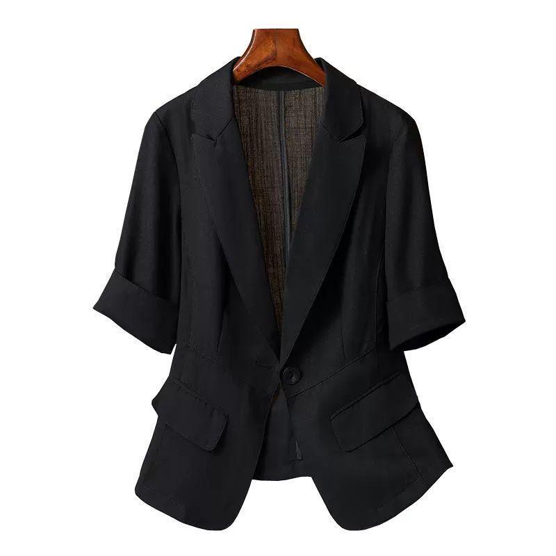 Korean Women's Black Solid Casual Turn-Down Collar Single Button Short Sleeve Fashion Suit Blazer Short Jackets Coat