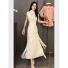 Nuova gonna cheongsam in stile cinese, nuovo temperamento unico e bello, abito beige di alta gamma con vita a intarsio