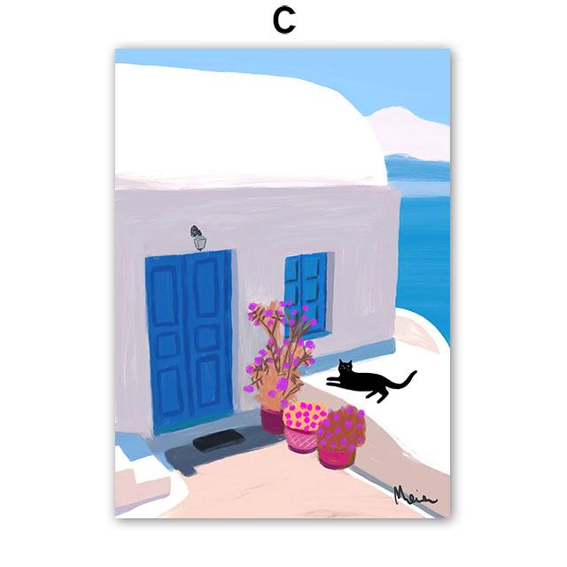 Santorini Rome Paris Cat Flower Summer Abstract Landscape Posters Prints Wall Art Canvas Painting Pictures For Living Room Decor
