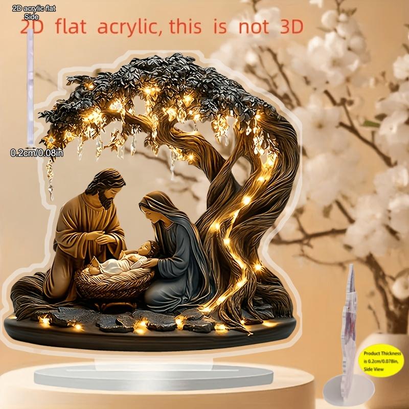 2D Flat Nativity Scene Acrylic Tabletop Decoration, Jesus, Glowing Tree & Soft Lighting, Suitable for wall decoration, porch, room, villa, accents Hom