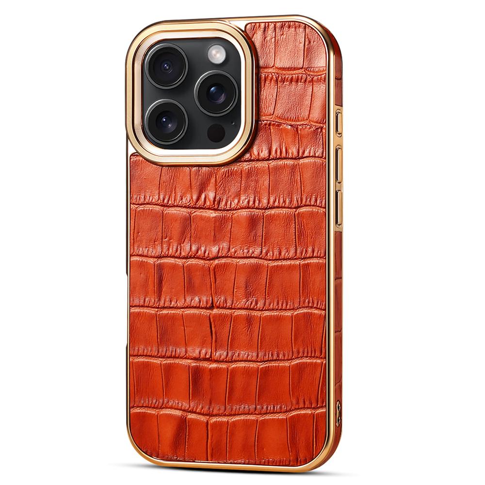 For iPhone 16 Pro Case Genuine Cow Leather Crocodile Texture Electroplating Phone Cover