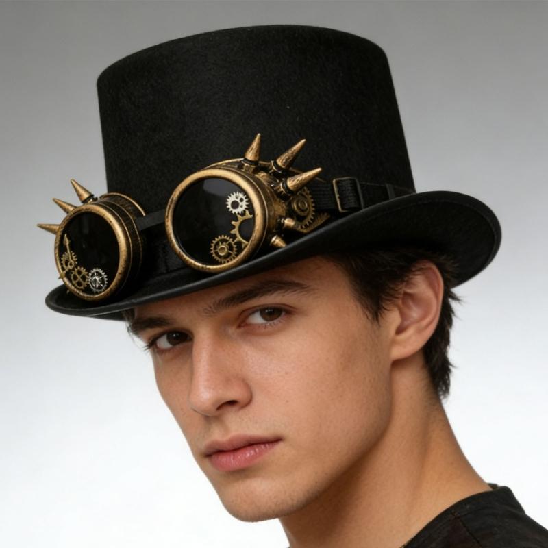 Rivet Studded Goggles Top Hat for Women Men Unsiex Costume Accesories Headpiece Tall Hat for Theme Party Gatherings