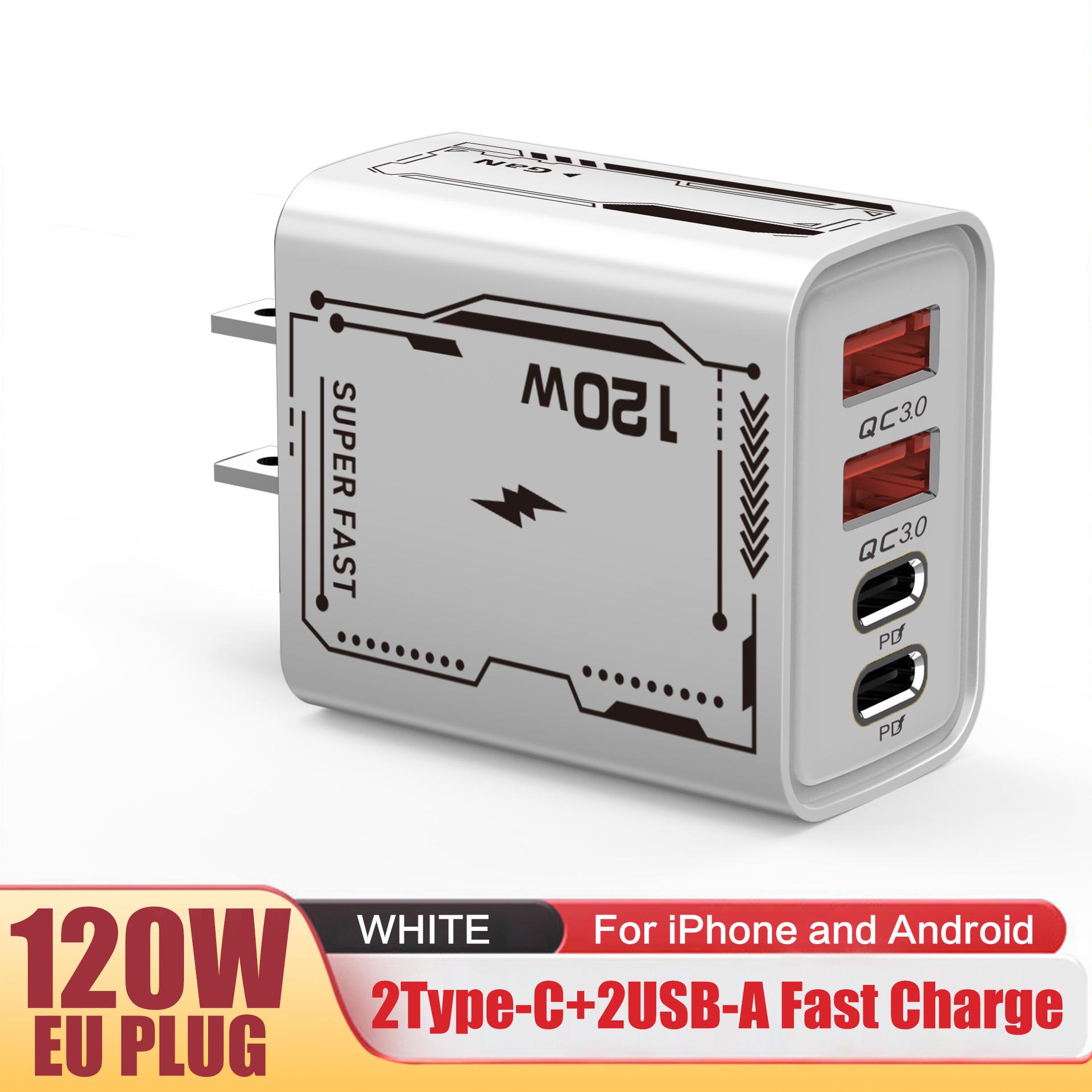 

120W Dual PD & USB Charger for Apple, Huawei, and Xiaomi Phones - EU/US/UK Type-C