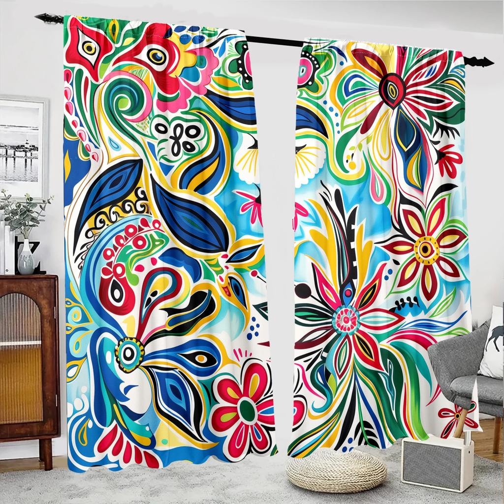 Set Of 2 Colorful Flower Pattern Printed Curtains Bedroom Living Room Home Decoration Curtain Polyester Perfect For Area