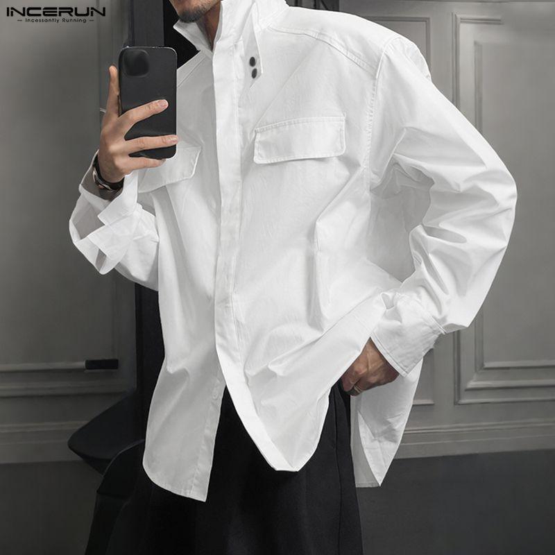 INCERUN S-5XL Men Casual Stand Neck Long Sleeve Loose Cargo Shirts Tops