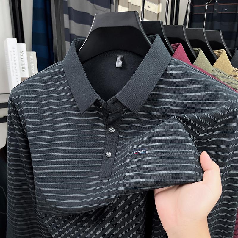 Men's Polo Shirt Lapel Long Sleeve T-Shirt Autumn Striped Pocket Fashion Business Classic Versatile Menswear