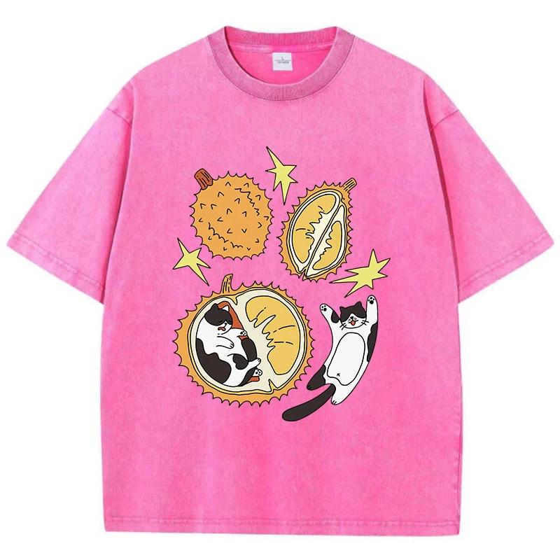 T-shirt Unisex Stampa Gatto Cartone Animato Durian Annidato Cotone Usurata Oversize Girocollo Top Trendy