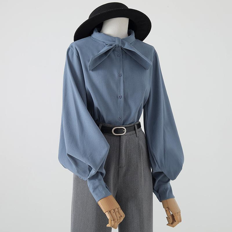 Spring and Autumn Women's Shirt Retro Bow Tie Single-breasted Temperament Lantern Sleeves Loose Casual Shirt Blouse