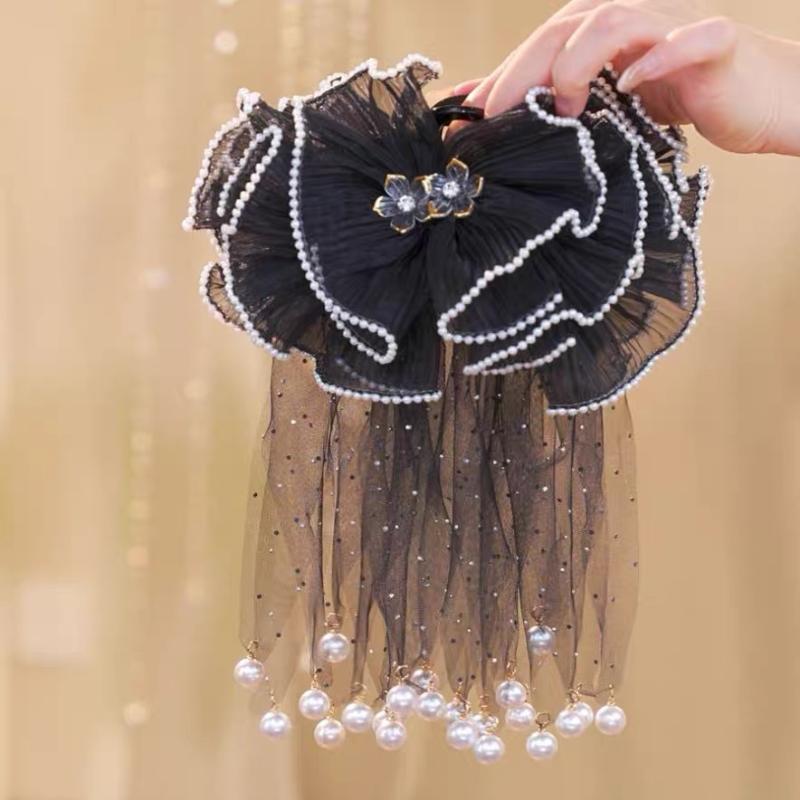 Mesh Flower Hair Claw Imitation Pearl Tassels Hair Clip High-End Versatile Ponytail Hairpin For Women Hair Accessories