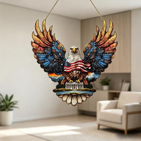 4th of July Suncatcher for Window Hanging Acrylic Stained Glass Heart/Eagle Ornament Patriotic Red White Blue Sun Catcher Panel for Memorial Day Decor