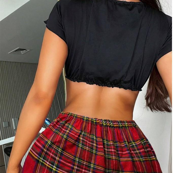 European & American Style Sexy COS Plaid Mini Skirt Lingerie Set