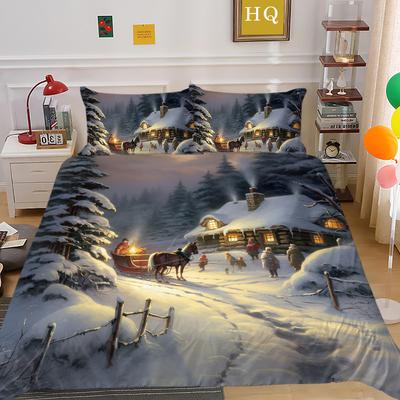 Christmas Snow Scene 3D Printed Polyester Pillowcase Quilt Cover Two Or Three Piece Set