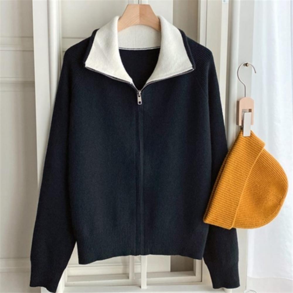 New Arrivals Open Run Women Viscose Raglan Color Block Collar Neck Zip Knit Card