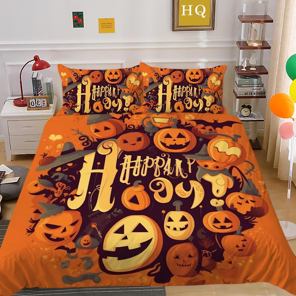 3D Halloween Home Bedding Set Pumpkin Ghost Quilt Cover Pillow Case 2/3 Pieces AU220 * 240 Full Size Soft and Easy To Clean Bedroom Decoration