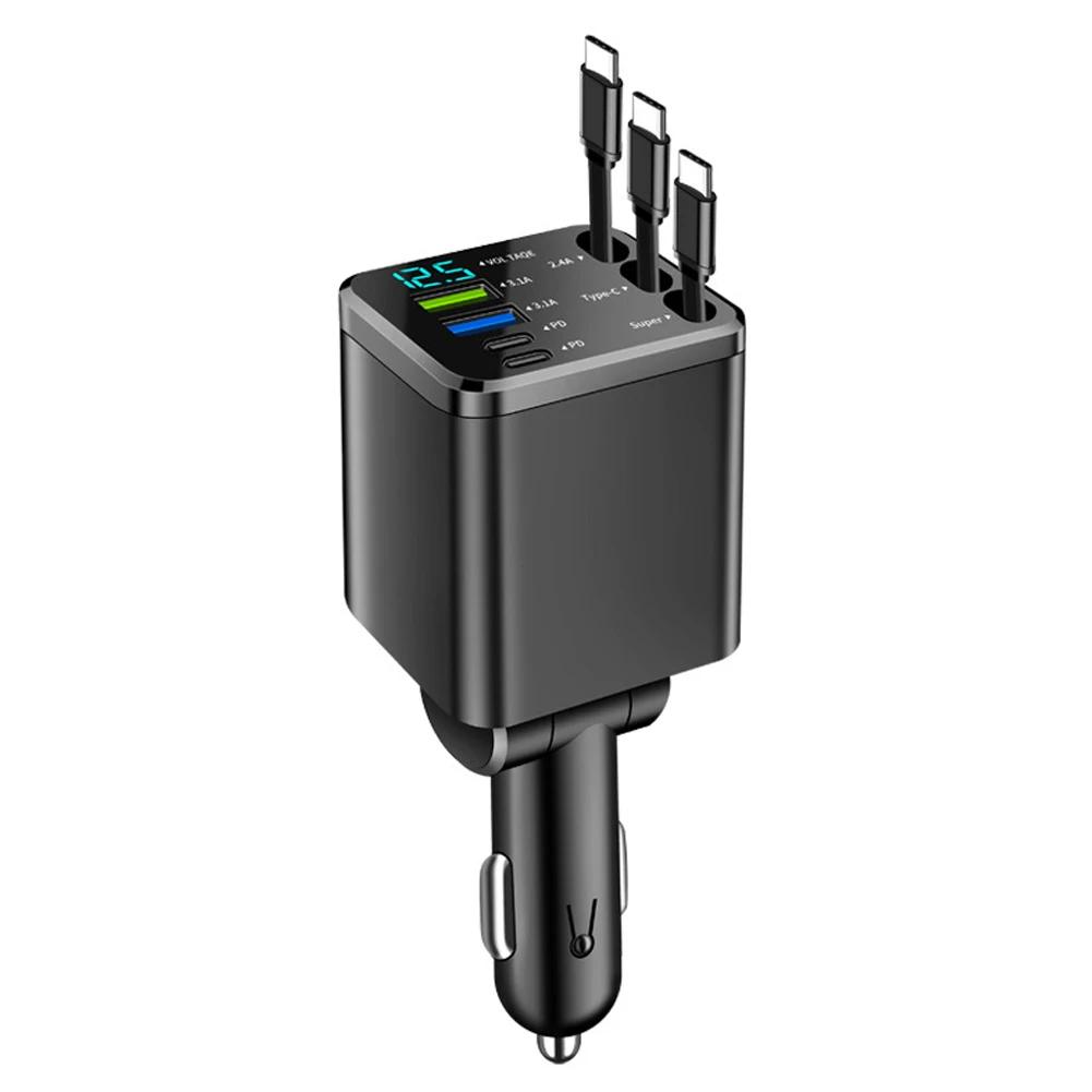 Retractable Car Charger 7 in 1 Fast Charging Car Charger Retractable Cable USB Type C Multi Ports Car Charger Adapter Compatible