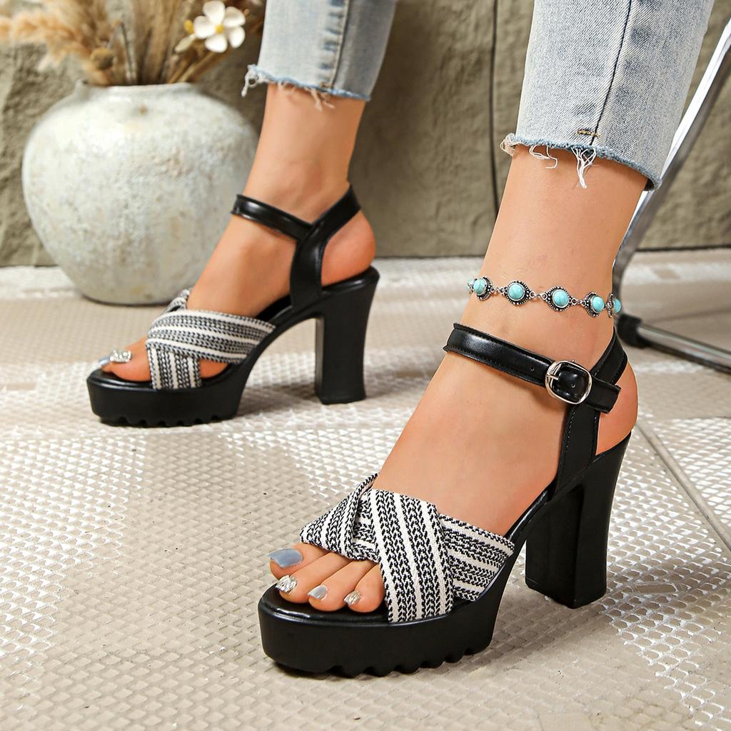 Fashion New Cross-strap High-heeled Sandals for 2025 Fashion Women's Sandals, Summer Women's Large-sized Thick-heeled One-strap Sandals