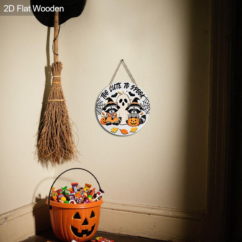 Halloween Wooden Sign with Adorable Raccoon and Ghost Pattern - Figurine Ornaments for Front Door, Wall, Room Decor - Ideal Halloween Gift for Friend
