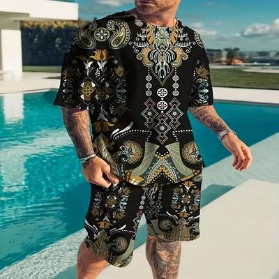 Trendy Men's Summer Suit Casual Ethnic Style 3D Printed Sportswear Short-sleeved Suit Oversized Round Neck T-shirt 2-piece